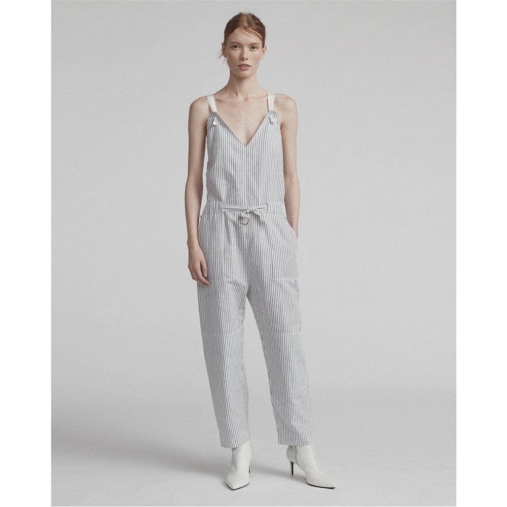 Rag & Bone Ellen Stripe Linen Cotton Blend Belted Jumpsuit XS size 2/4